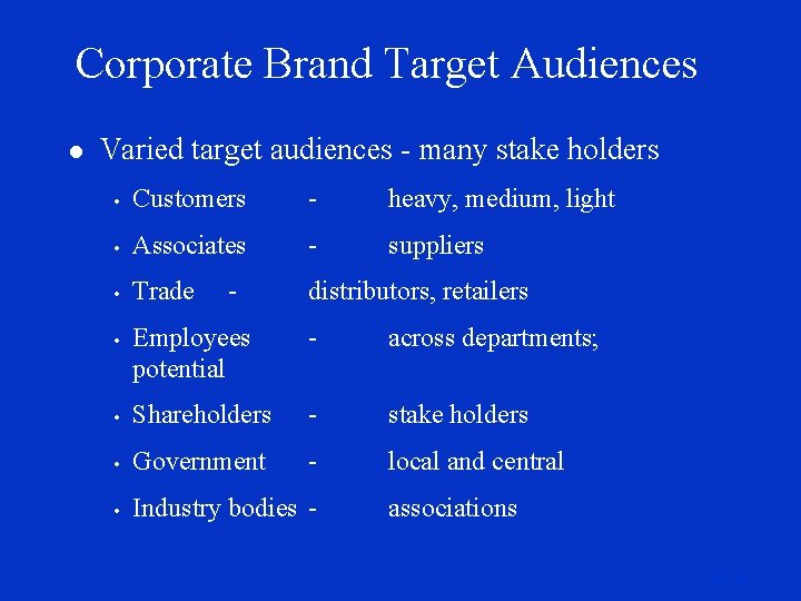 Corporate Brand Target Audiences l Varied target audiences - many stake holders • Customers