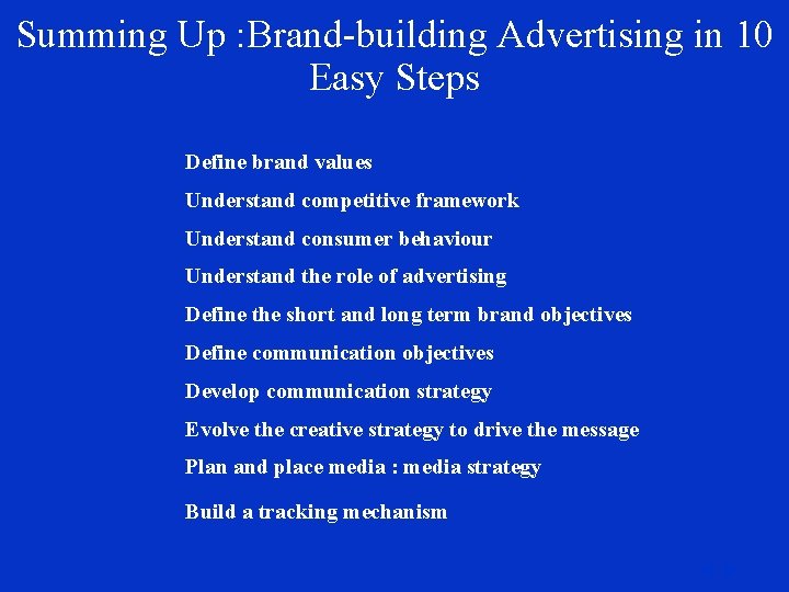 Summing Up : Brand-building Advertising in 10 Easy Steps Define brand values Understand competitive