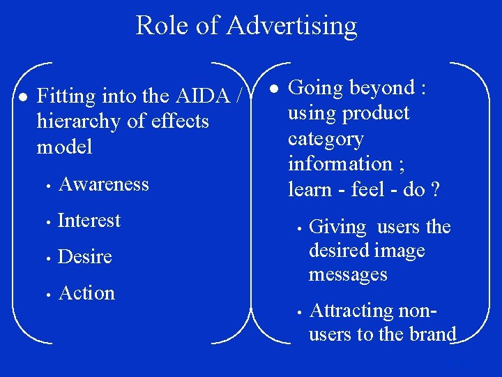 Role of Advertising l Fitting into the AIDA / hierarchy of effects model •