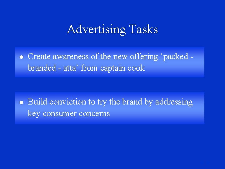Advertising Tasks l Create awareness of the new offering ‘packed branded - atta’ from