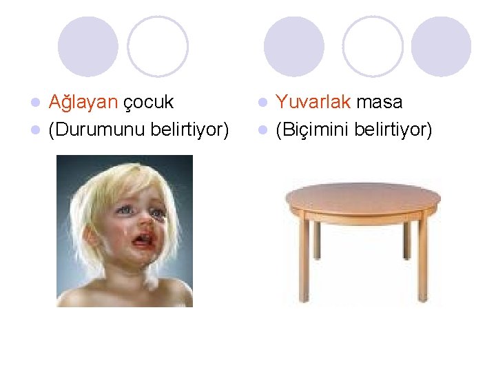 Ağlayan çocuk l (Durumunu belirtiyor) l Yuvarlak masa l (Biçimini belirtiyor) l 