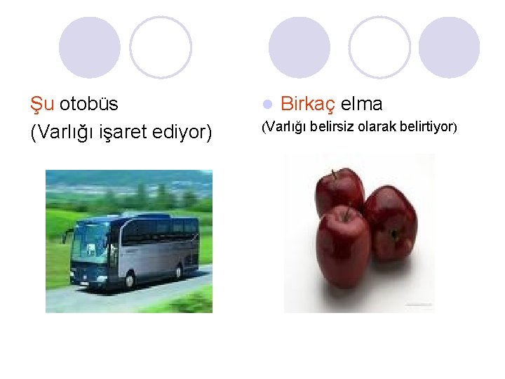 Şu otobüs (Varlığı işaret ediyor) l Birkaç elma (Varlığı belirsiz olarak belirtiyor) 