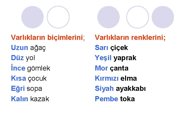 Varlıkların biçimlerini; Uzun ağaç Düz yol İnce gömlek Kısa çocuk Eğri sopa Kalın kazak