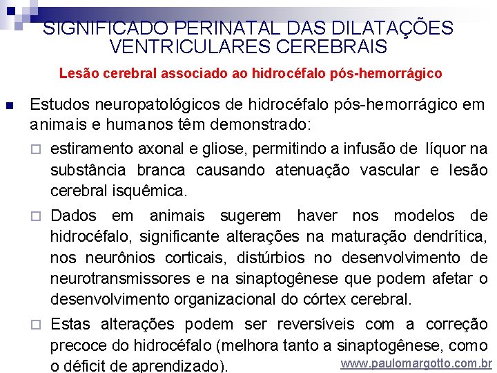 SIGNIFICADO PERINATAL DAS DILATAÇÕES VENTRICULARES CEREBRAIS Lesão cerebral associado ao hidrocéfalo pós-hemorrágico n Estudos