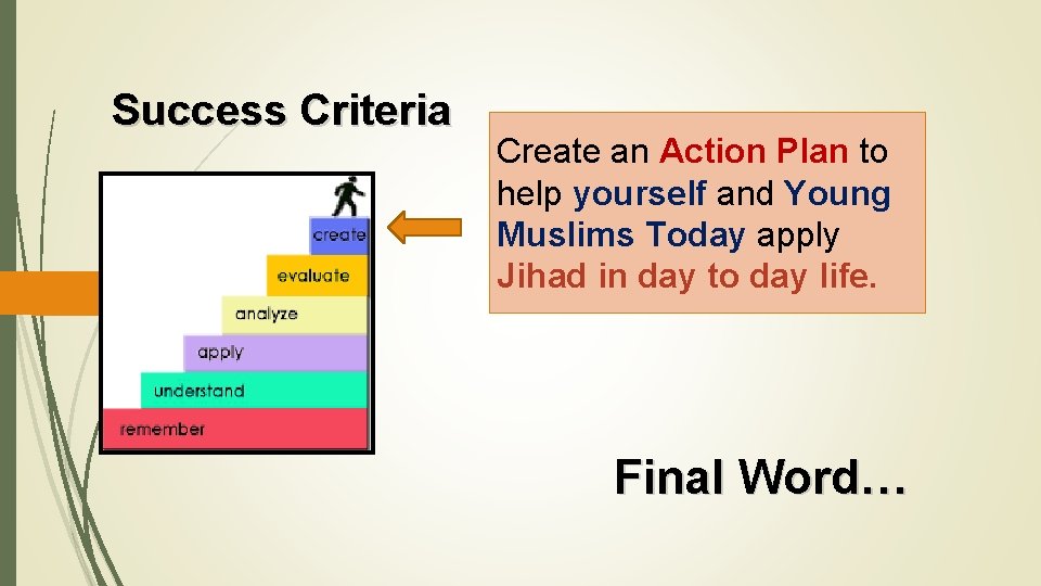 Success Criteria Create an Action Plan to help yourself and Young Muslims Today apply