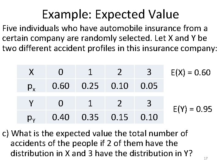 Example: Expected Value Five individuals who have automobile insurance from a certain company are