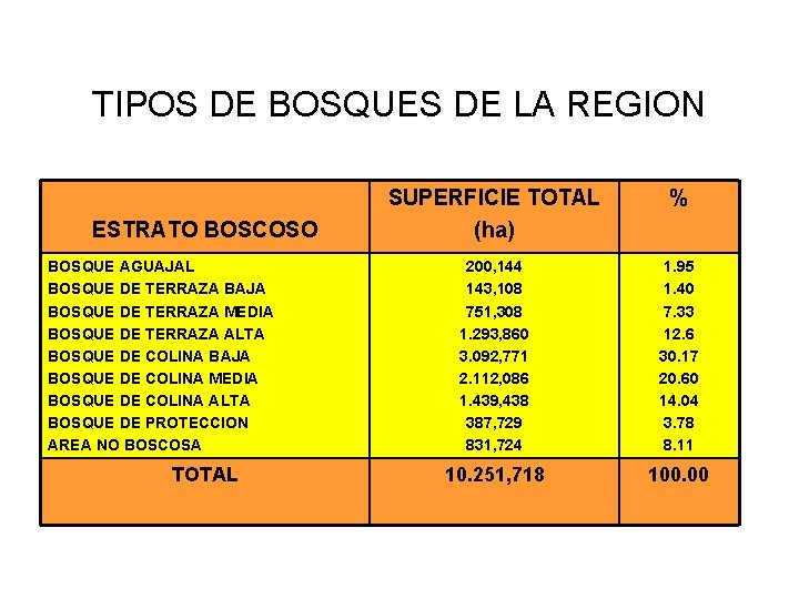 TIPOS DE BOSQUES DE LA REGION ESTRATO BOSCOSO BOSQUE AGUAJAL BOSQUE DE TERRAZA BAJA