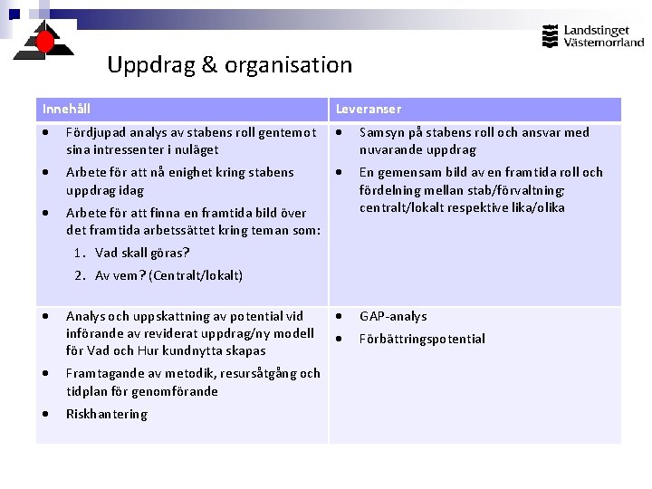 Uppdrag & organisation Innehåll Leveranser Fördjupad analys av stabens roll gentemot sina intressenter i