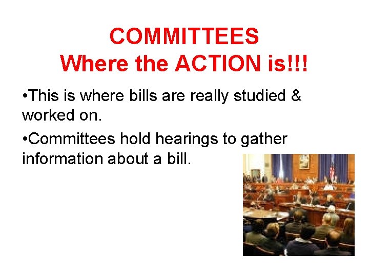 COMMITTEES Where the ACTION is!!! • This is where bills are really studied &