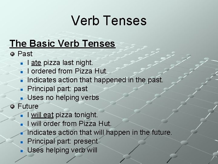 Verb Tenses The Basic Verb Tenses Past n I ate pizza last night. n