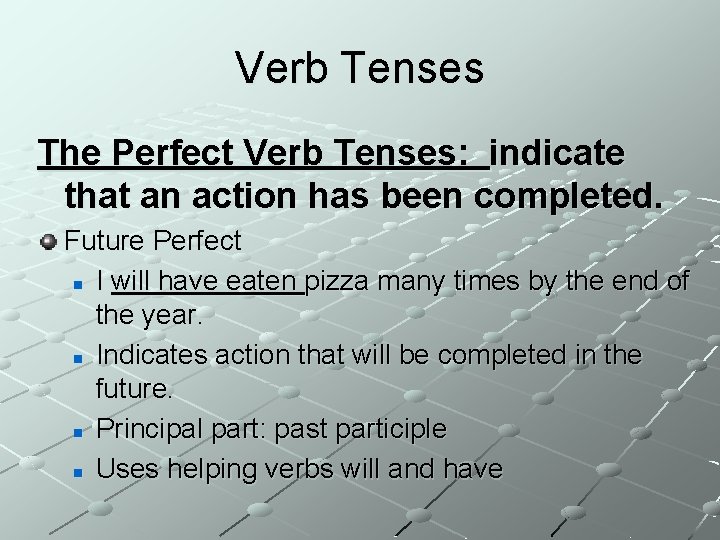 Verb Tenses The Perfect Verb Tenses: indicate that an action has been completed. Future