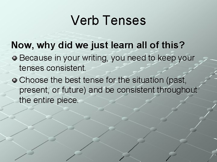 Verb Tenses Now, why did we just learn all of this? Because in your