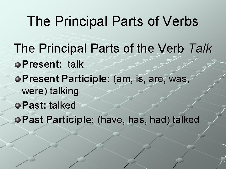The Principal Parts of Verbs The Principal Parts of the Verb Talk Present: talk