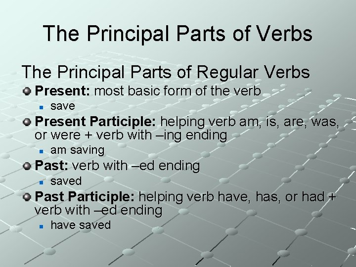 The Principal Parts of Verbs The Principal Parts of Regular Verbs Present: most basic
