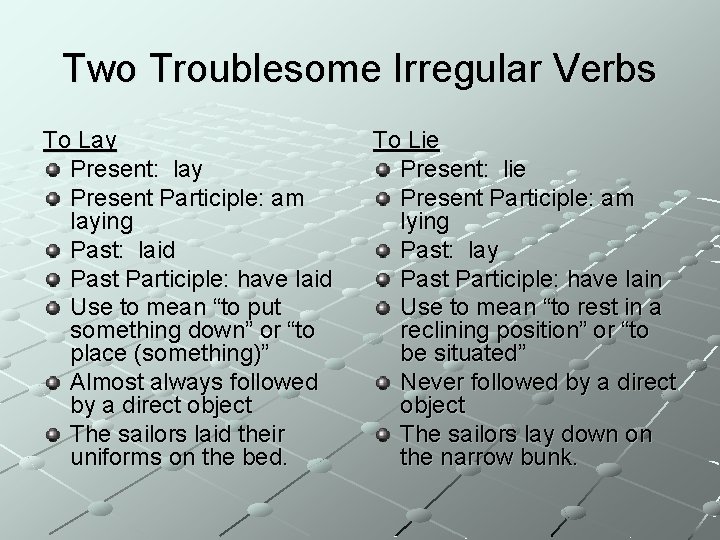 Two Troublesome Irregular Verbs To Lay Present: lay Present Participle: am laying Past: laid