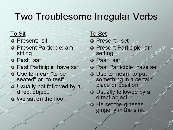 Two Troublesome Irregular Verbs To Sit Present: sit Present Participle: am sitting Past: sat