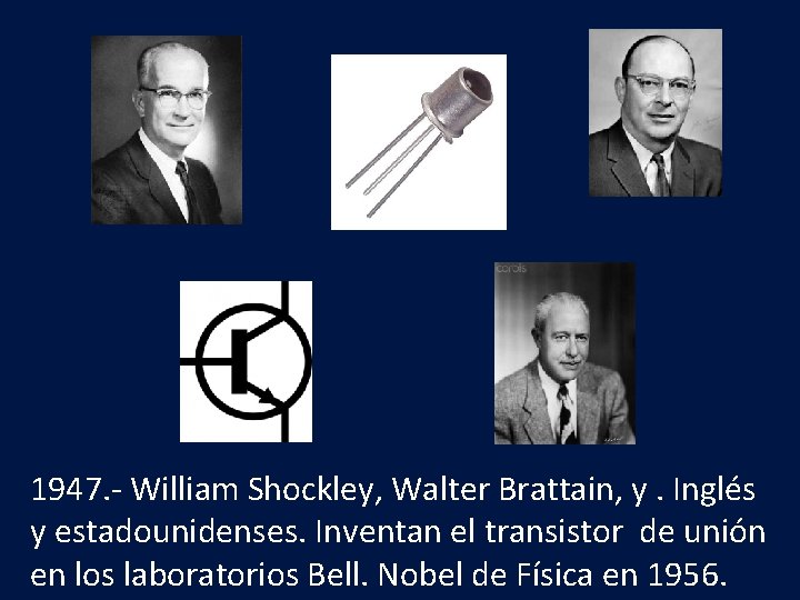 1947. - William Shockley, Walter Brattain, y. Inglés y estadounidenses. Inventan el transistor de