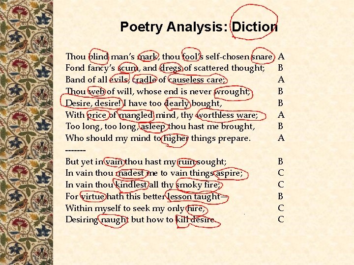 Poetry Analysis: Diction Thou blind man’s mark, thou fool’s self-chosen snare, Fond fancy’s scum,