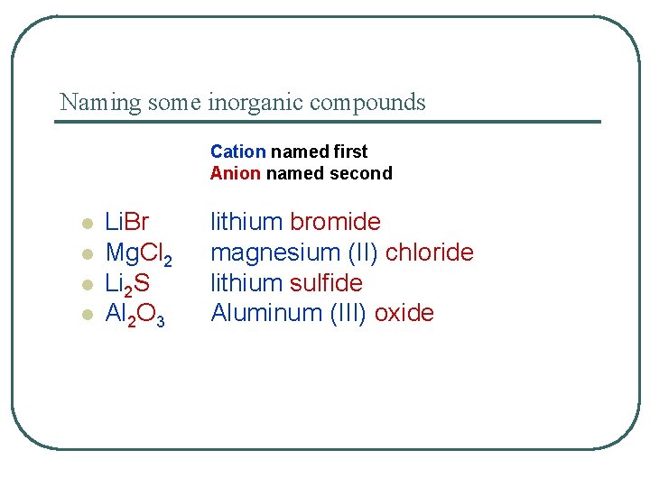 Naming some inorganic compounds Cation named first Anion named second l l Li. Br