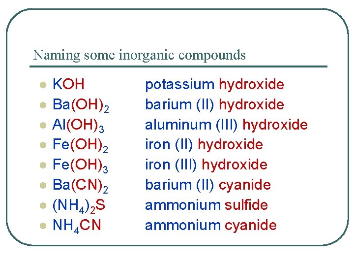 Naming some inorganic compounds l l l l KOH Ba(OH)2 Al(OH)3 Fe(OH)2 Fe(OH)3 Ba(CN)2