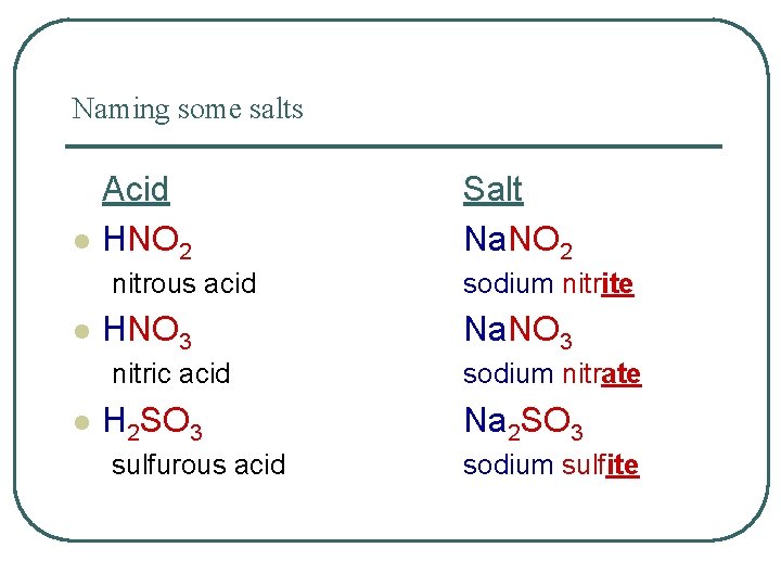 Naming some salts l Acid HNO 2 nitrous acid l HNO 3 nitric acid