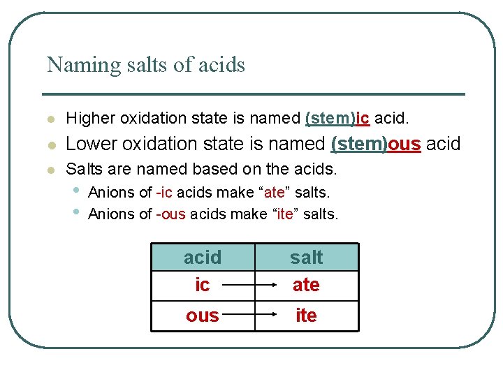 Naming salts of acids l Higher oxidation state is named (stem)ic acid. l Lower