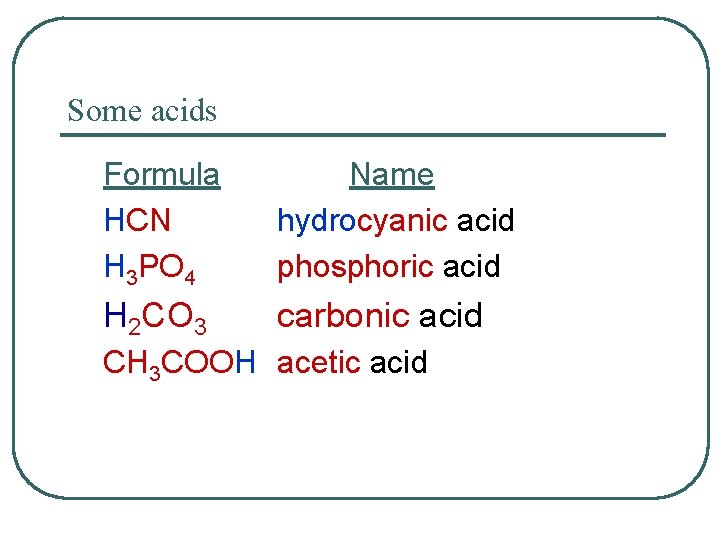 Some acids Formula HCN H 3 PO 4 Name hydrocyanic acid phosphoric acid H