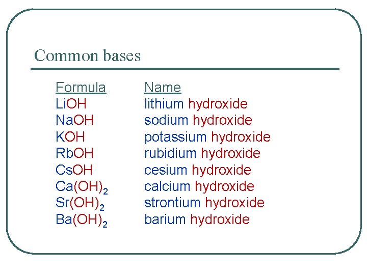 Common bases Formula Li. OH Na. OH KOH Rb. OH Cs. OH Ca(OH)2 Sr(OH)2