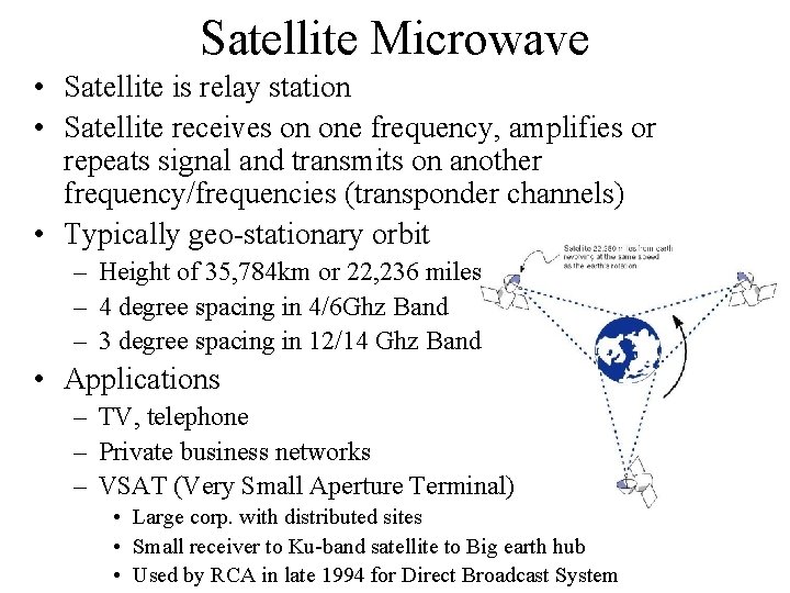 Satellite Microwave • Satellite is relay station • Satellite receives on one frequency, amplifies