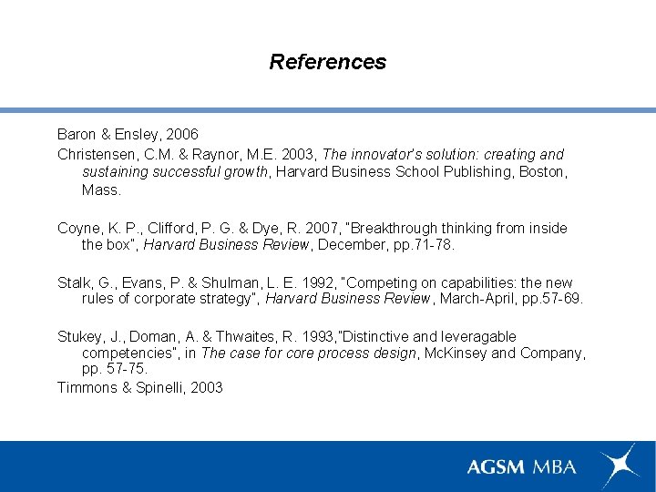 References Baron & Ensley, 2006 Christensen, C. M. & Raynor, M. E. 2003, The