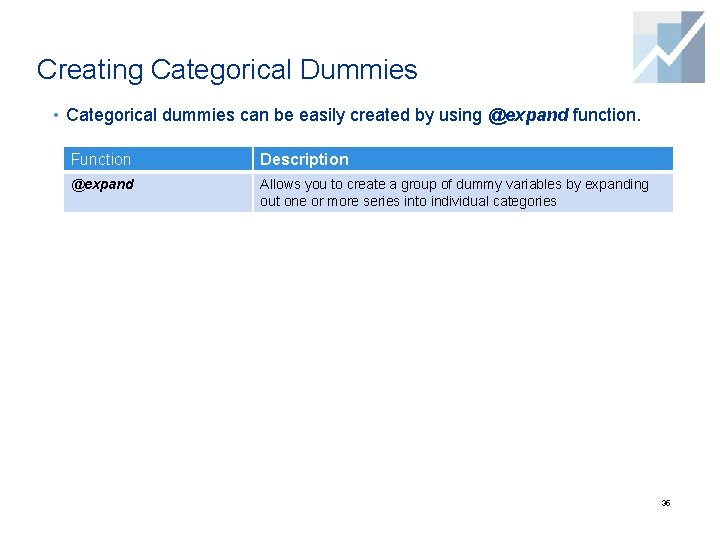 Creating Categorical Dummies • Categorical dummies can be easily created by using @expand function. Creating Categorical Dummies • Categorical dummies can be easily created by using @expand function.