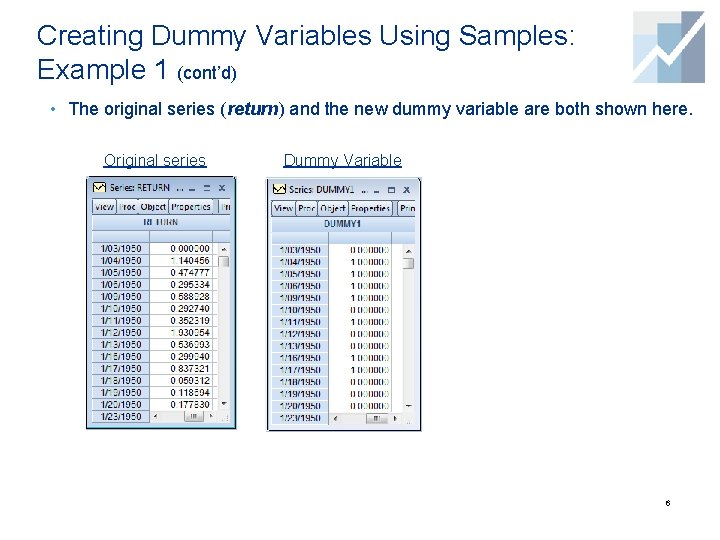 Creating Dummy Variables Using Samples: Example 1 (cont’d) • The original series (return) and Creating Dummy Variables Using Samples: Example 1 (cont’d) • The original series (return) and