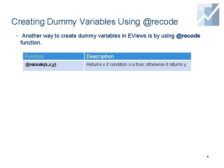 Creating Dummy Variables Using @recode • Another way to create dummy variables in EViews Creating Dummy Variables Using @recode • Another way to create dummy variables in EViews