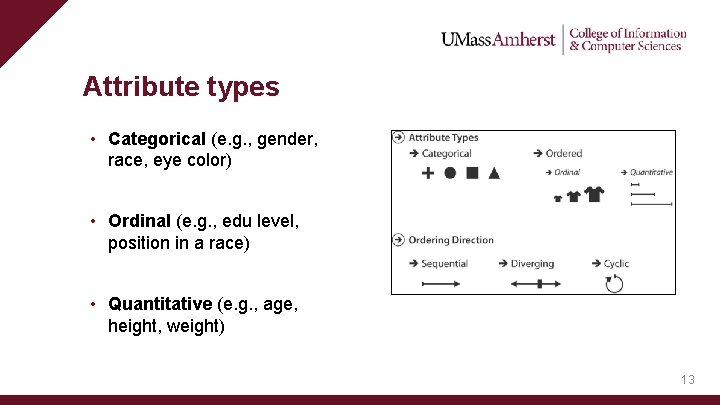 Attribute types • Categorical (e. g. , gender, race, eye color) • Ordinal (e.