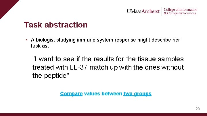 Task abstraction • A biologist studying immune system response might describe her task as: