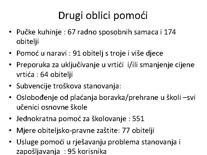 Drugi oblici pomoći • Pučke kuhinje : 67 radno sposobnih samaca i 174 obitelji