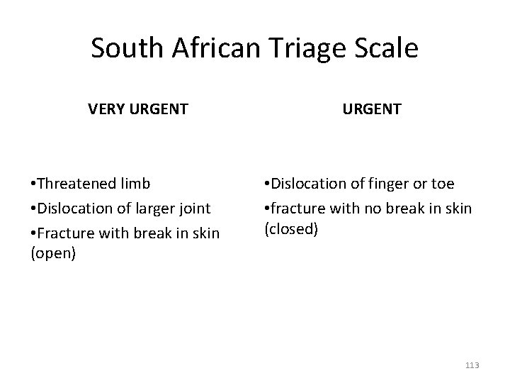 South African Triage Scale VERY URGENT • Threatened limb • Dislocation of larger joint