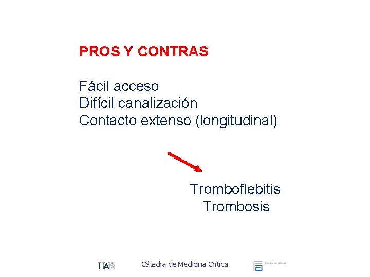PROS Y CONTRAS Fácil acceso Difícil canalización Contacto extenso (longitudinal) Tromboflebitis Trombosis Cátedra de