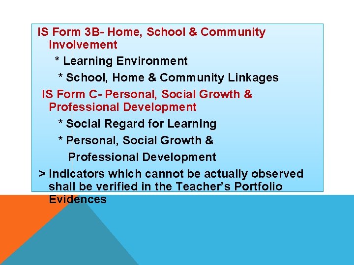  IS Form 3 B- Home, School & Community Involvement * Learning Environment *