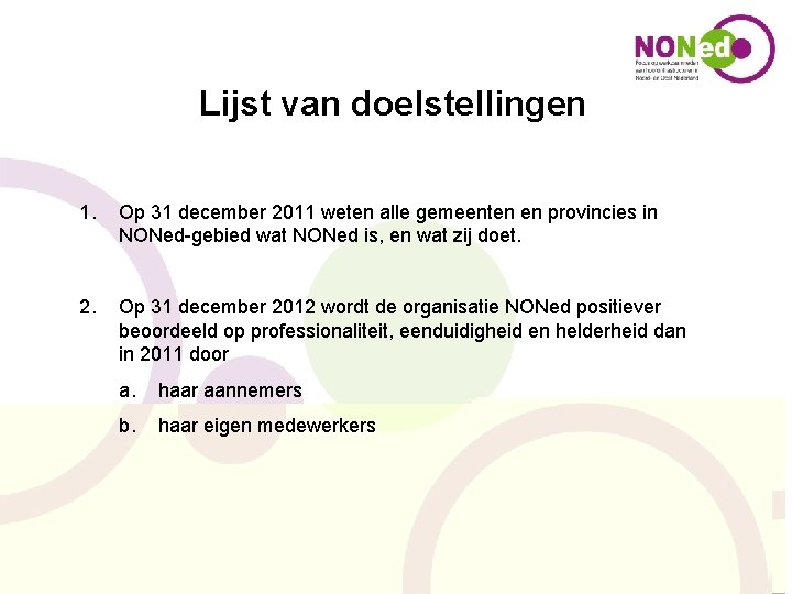 Lijst van doelstellingen 1. Op 31 december 2011 weten alle gemeenten en provincies in