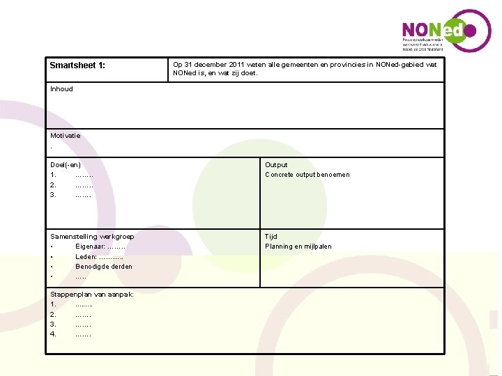 Smartsheet 1: Op 31 december 2011 weten alle gemeenten en provincies in NONed-gebied wat