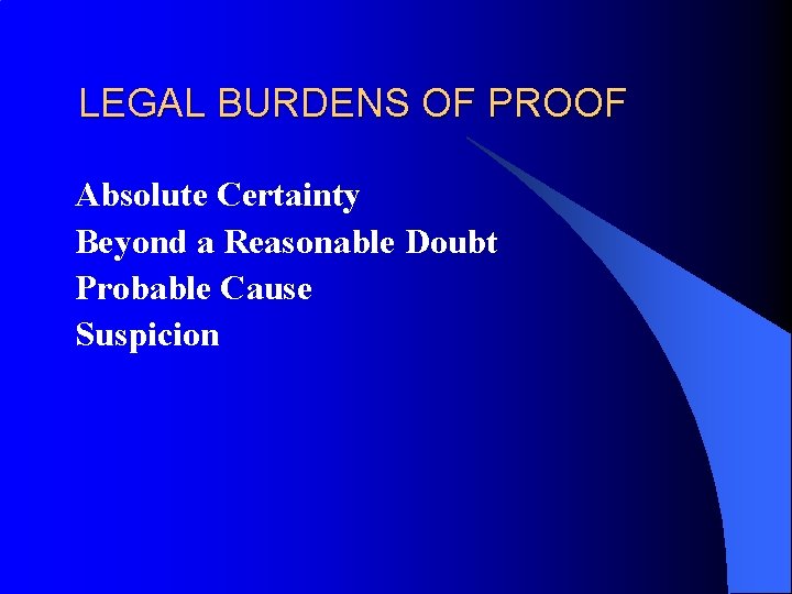 LEGAL BURDENS OF PROOF Absolute Certainty Beyond a Reasonable Doubt Probable Cause Suspicion 