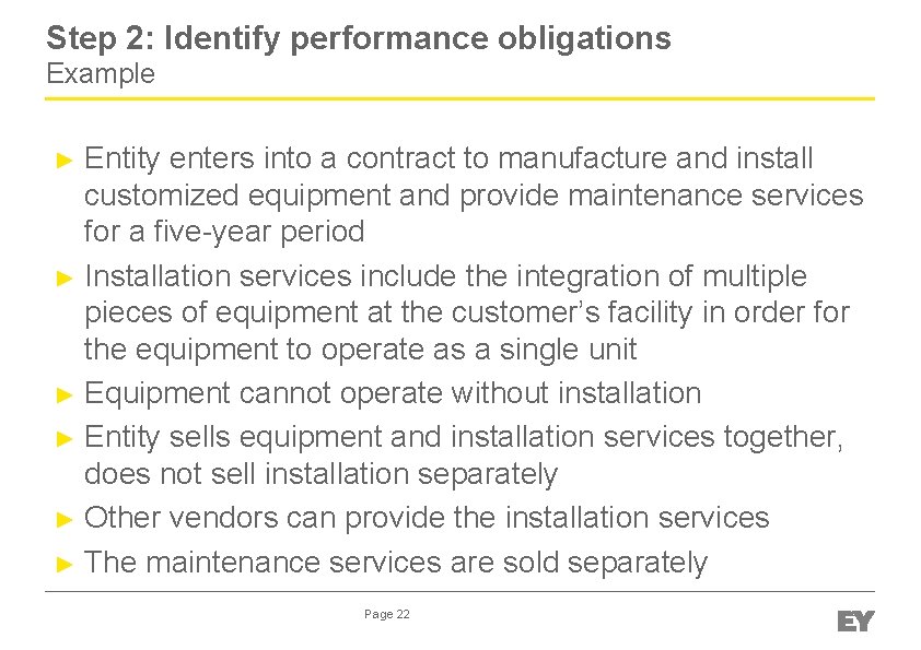 Step 2: Identify performance obligations Example Entity enters into a contract to manufacture and