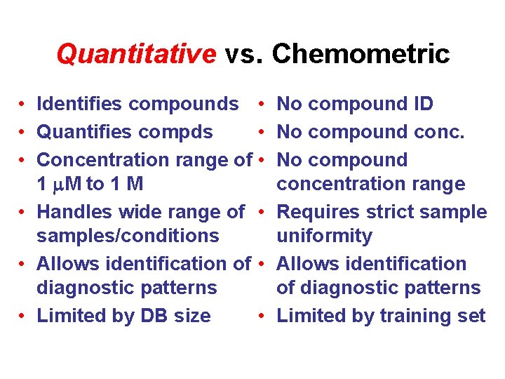 Quantitative vs. Chemometric • Identifies compounds • • Quantifies compds • • Concentration range