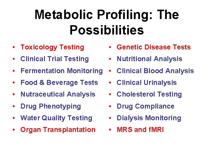 Metabolic Profiling: The Possibilities • Toxicology Testing • Genetic Disease Tests • Clinical Trial