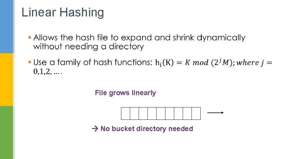 Linear Hashing File grows linearly No bucket directory needed 