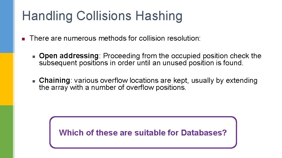 Handling Collisions Hashing n There are numerous methods for collision resolution: n n Open