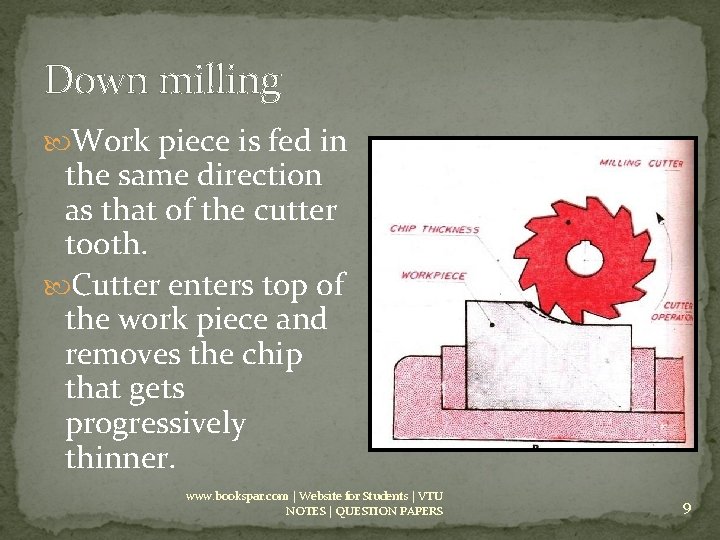Down milling Work piece is fed in the same direction as that of the
