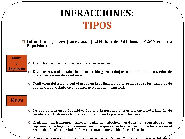 INFRACCIONES: TIPOS � Infracciones graves (entre otras) � Multas de 501 hasta 10. 000