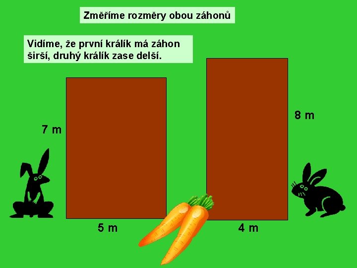 Změříme rozměry obou záhonů Vidíme, že první králík má záhon širší, druhý králík zase